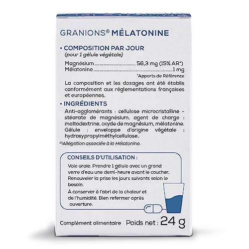 Mélatonine GRANIONS | Sédatif naturel 1mg gélules avec Magnésium | Sommeil réparateur pour jet lag | 60 gélules, complém