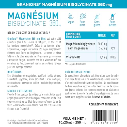 Magnesium Bisglycinate Haute Assimilation GRANIONS 360 MG - Anti Stress et Anti Fatigue Adulte - Sans Sucre & Vegan - 10