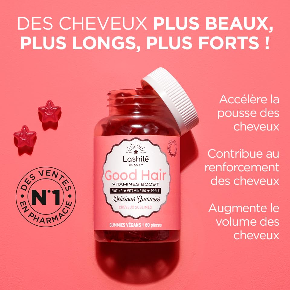 Lashilé Beauty - Vitamines pour cheveux - Croissance et fortification - Alimentaire - Fait en France - Biotine, Zinc, Vi
