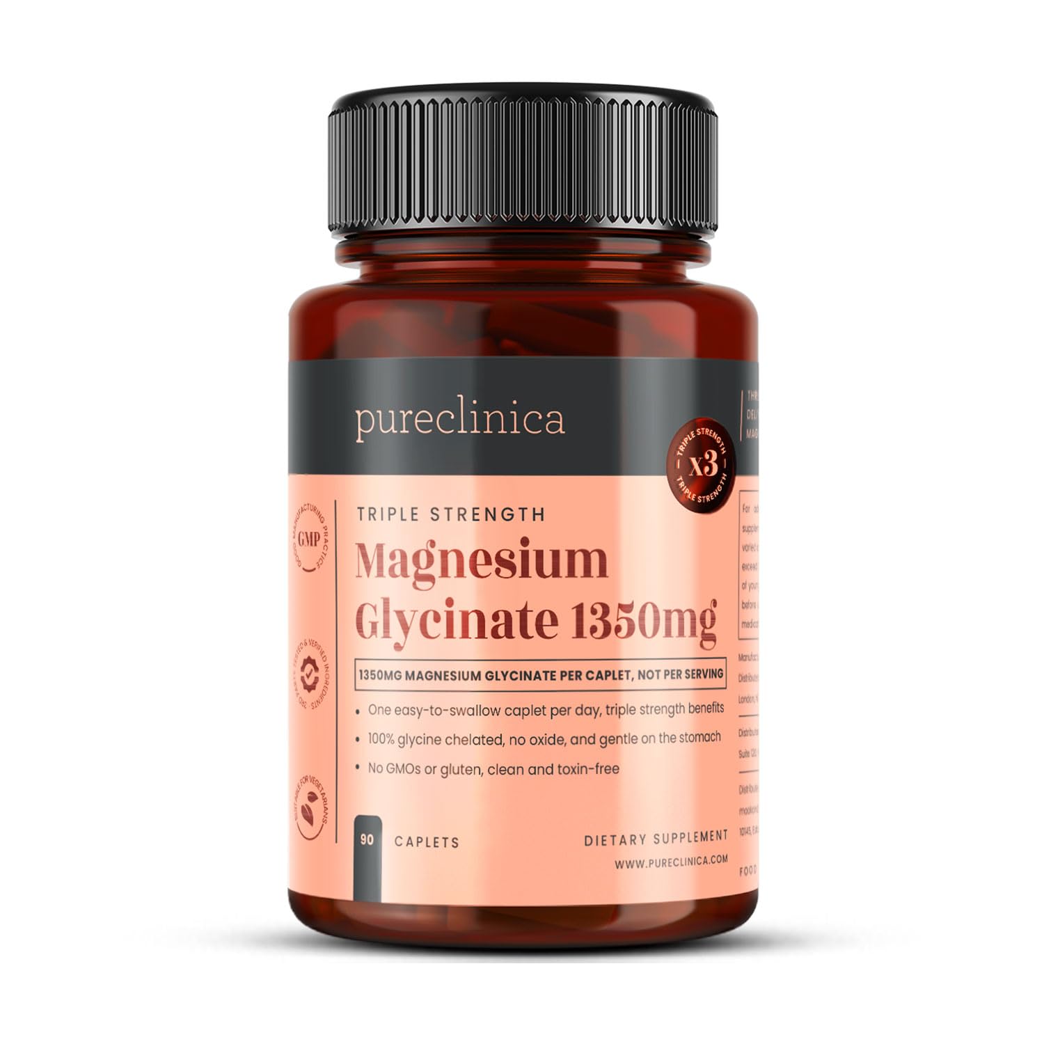 Magnésium glycinate triple force 1350 mg 90 comprimés - 202,5 mg de magnésium par comprimé - approvisionnement de 3 mois