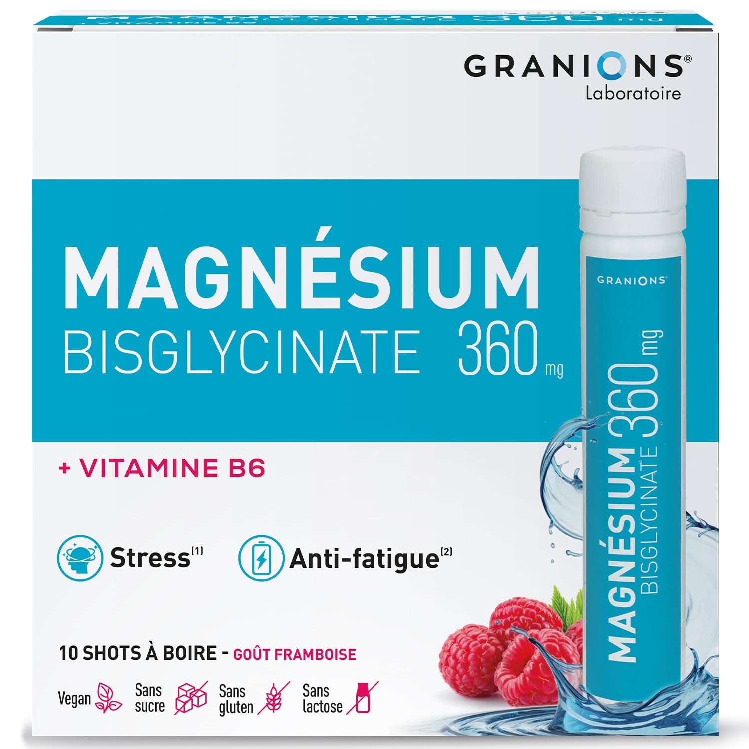 Magnesium Bisglycinate Haute Assimilation GRANIONS 360 MG - Anti Stress et Anti Fatigue Adulte - Sans Sucre & Vegan - 10