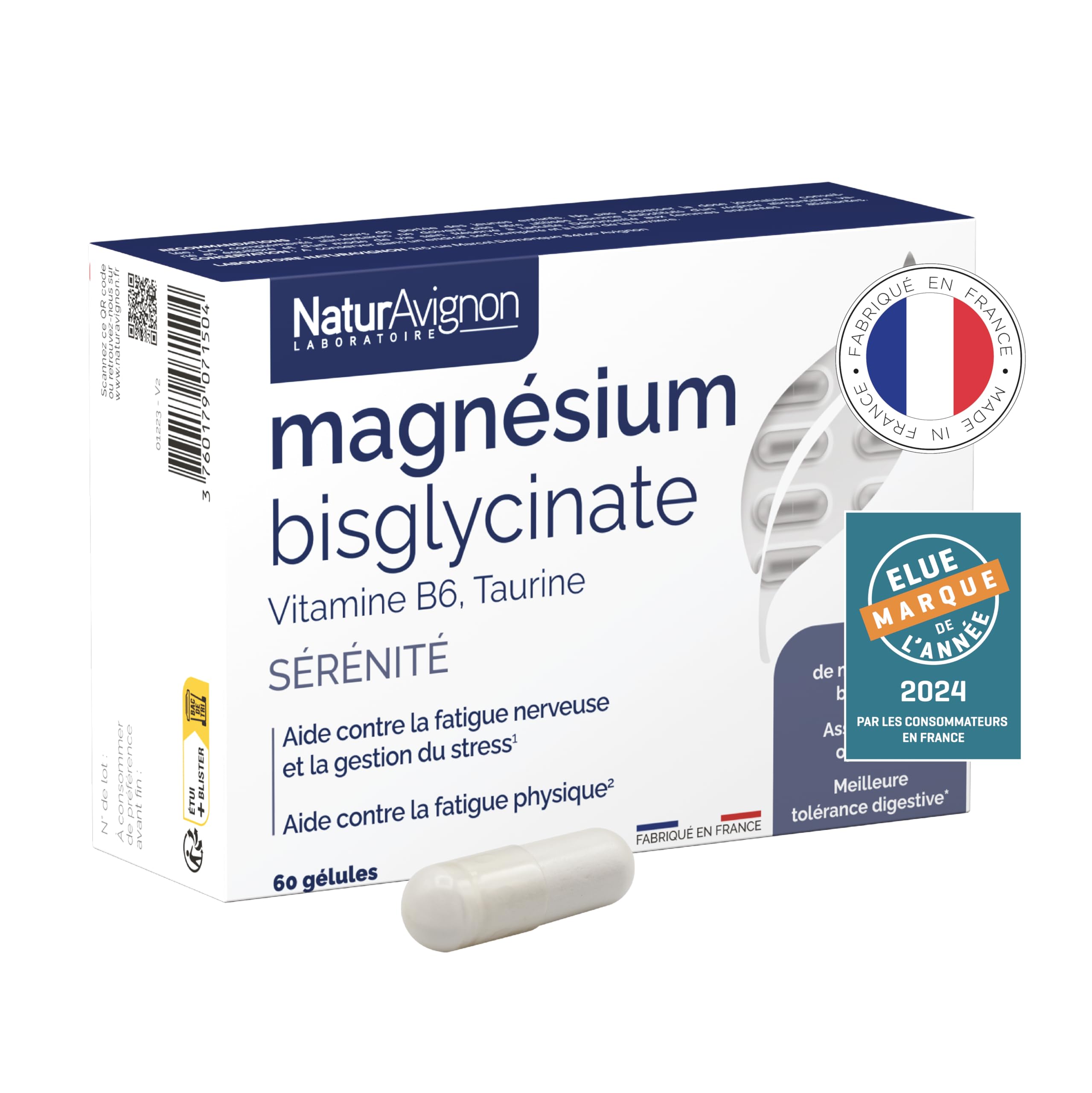 Magnesium Bisglycinate Laboratoire NaturAvignon | anti épuisement anxiété | vitamine b6 taurine | haute absorption | 1 m